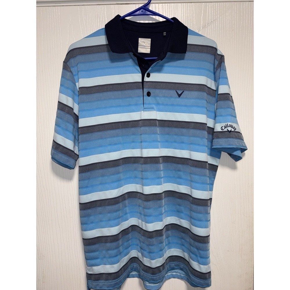Callaway Polo Shirt Mens Size M Blue Gray Striped Opti Dri Fit Golf Short Sleeve